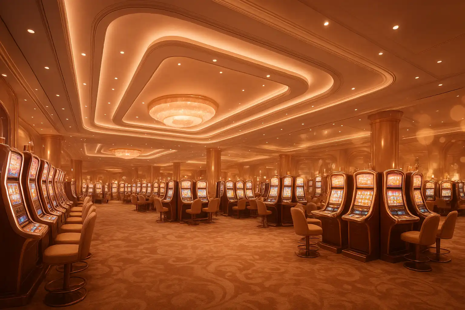 Luxurious rose gold casino hall with glowing slot reels